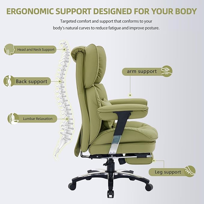 Efomao Big and Tall Office Chair with Footrest – High Back Computer Chair with Adjustable Armrests,Executive Office Chair with Wide Seat, Modern Desk Chair for Home Office, Gaming, or Study, Green