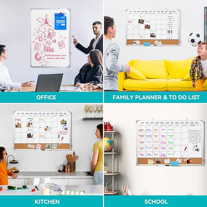 Calendar Whiteboard for Wall,24" x 18" White Board Calendar Dry Erase with Silver Aluminum Frame,Double Side Wall Hanging Board for Office,Home,Kitchen