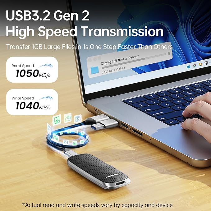 PHIXERO P10PRO External NVMe SSD 2TB, Up to 1050MB/s, USB 3.2 Gen2, Includes 2-in-1 USB C Cable, Portable Hard Drive for iPhone 15+/Android/Windows/Mac, Black