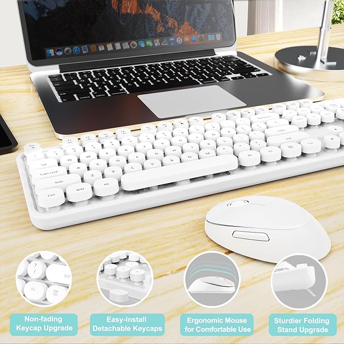 Wireless Keyboard and Mouse Combo, Ergonomic Full Size Typewriter Retro Round Keycaps Keyboard, Compatible with Windows, PC, Perfer for Home and Office Keyboards(White)
