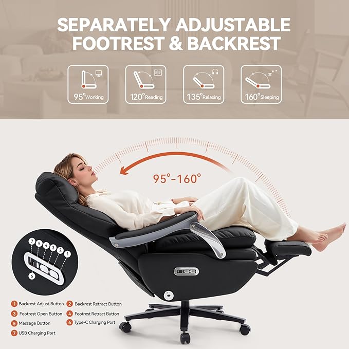 Dual Motor Electric Executive Office Chair with Foot Rest, Comfy Reclining Office Chair with Massage, Big and Tall Heavy Duty Ergonomic Home Office Desk Chairs,Sustainable Leather 400lbs, Black