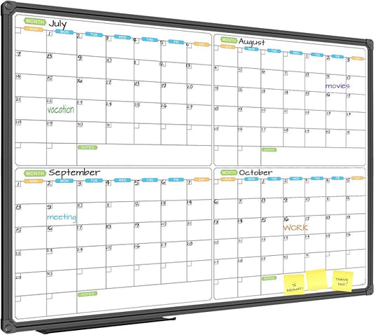 JILoffice Magnetic Dry Erase Calendar Whiteboard, 4 Month White Board Planner 36 X 24 Inch, Black Aluminum Frame Wall Mounted Board for Office Home and School
