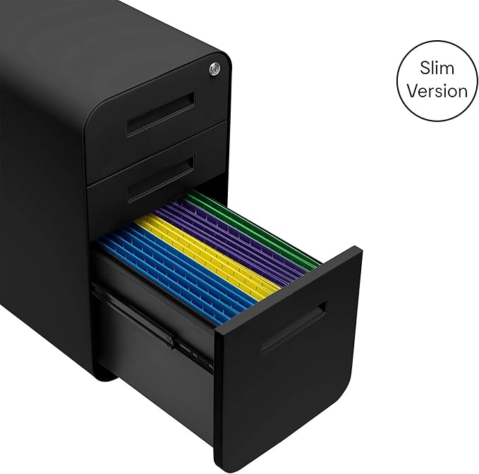 Laura Davidson Furniture Stockpile Slim 3-Drawer Mobile File Cabinet with Lock - Under Desk Metal Filing Cabinet, Legal/Letter File Folders, Wheels and Stationary Feet, Pre-Assembled, All Black