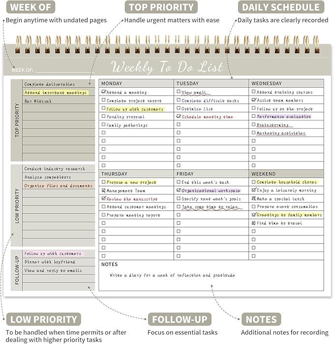 Weekly To Do List Notepad, 52 Undated Sheets (8.5"×11") Duplex-printed Daily Planner For Work Home School Office Desk Accessories Supplies & Goal Setting Tasks - Beige