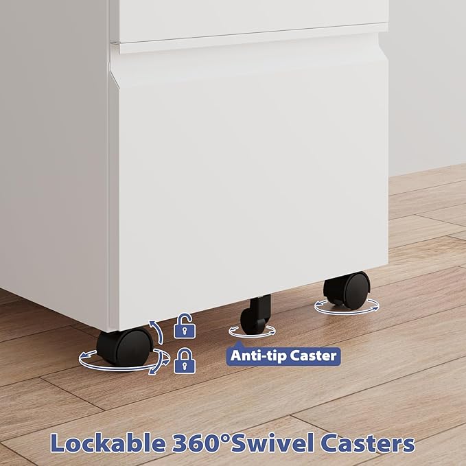 Rolling File Cabinet with Lock, 3 Drawer Metal Mobile Filing Cabinet for Legal/Letter Size, Fully Assembled Except Casters,White