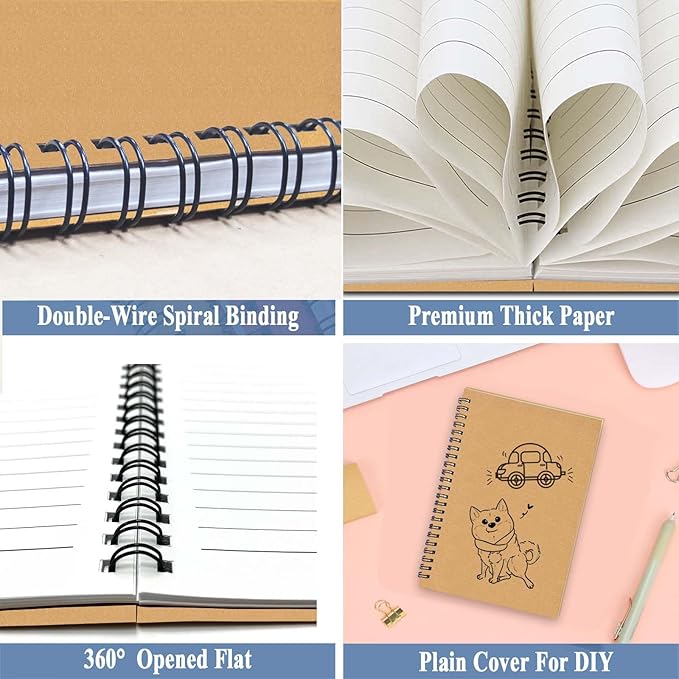 GINMLYDA 4Pack Small Spiral Notebook A5, 8.25x5.5β 120 Lined Pages Wide Ruled Spiral Journal Bulk Blank Kraft Cover Spiral Bound Notebook & Writing Pads for Home Office Meeting Work Note Taking