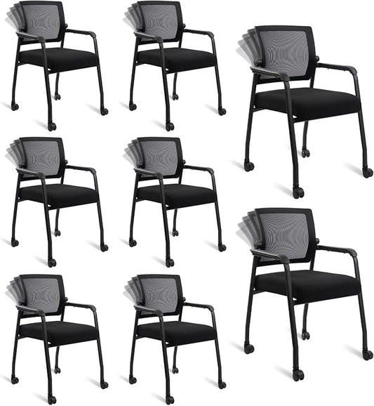 Waiting Room Chairs with Wheels, Adjustable Mesh Backrest, Desk Chair with Ergonomic Lumbar Support and Thickened Seats Cushion, 8 Pack Black