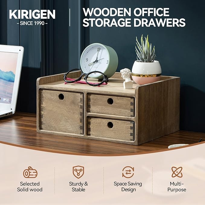 KIRIGEN Desk Organizer with 3 Drawers - Wood Drawer Storage Box with Trays for Tabletop - Workspace Office Toiletries Supplies Tool Caddy - Wooden Storage Cabinet1 Layer Dark Brown(DT1D3C-DBR)
