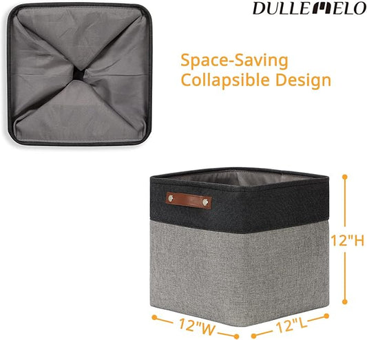 DULLEMELO Cube Collapsible Storage Bins, 12 inch Fabric Storage Cubes Bins Canvas Organization Baskets, Linen Closet Organizers Boxes for Home Organization and Storage (4 Pack - 12" Black&Grey)