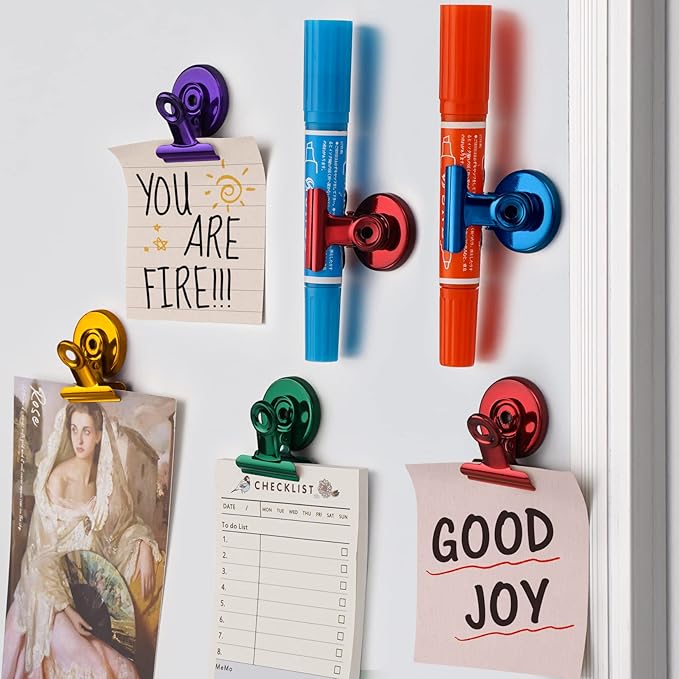 FINDMAG 12 Pack Magnetic Clips for Photo Display, Picture Hanging, Heavy Duty Scratch-Free Fridge Magnet Clips for Whiteboard, Refrigerator, Locker, Kitchen, Office, Magnetic Clips for Photo, Red.