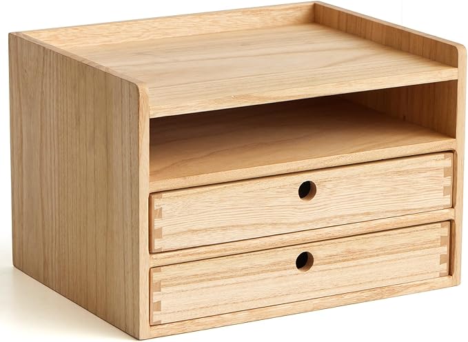 KIRIGEN Desktop Organizer with 2 Drawers and Tray - Wood Office Desk Storage Shelf for Office Supplies - Small Cabinet for Countertop Accessories Storage 3 Layer Natural(DT3D2C-NA)