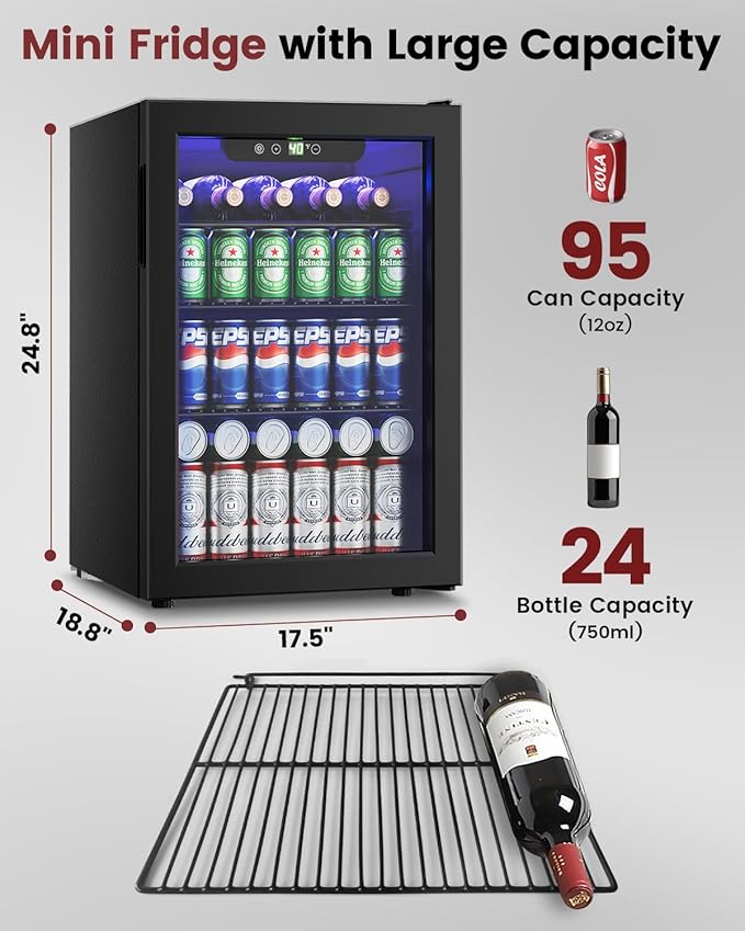 Wine Cooler Refrigerator - 24 Bottle 95 Can Mini Wine Fridge with Glass Door for Beer Soda Water Drink, Small Wine Cellar Beverage Refrigerator for Bedroom Office Home Bar Dorm, 2.6 Cu.Ft