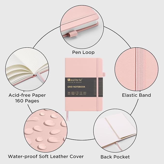&And Per Se Graph Journal Notebook, 160 Pages, 5.7 x 8 inches College Ruled Thick Paper Notebook Journals for Writing, Grid Hardcover Notebook(1 Pack, Pink)