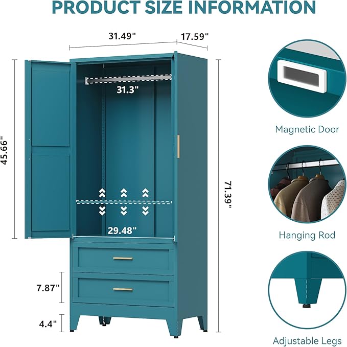 Metal Wardrobe Cabinet with Hanging Rod, 71" Armoire Wardrobe Closet with 2 Drawers,Farmhouse Metal Clothing Storage Cabinets with Door and Adjustable Shelves for Bedroom,Laundry Room(Blue)