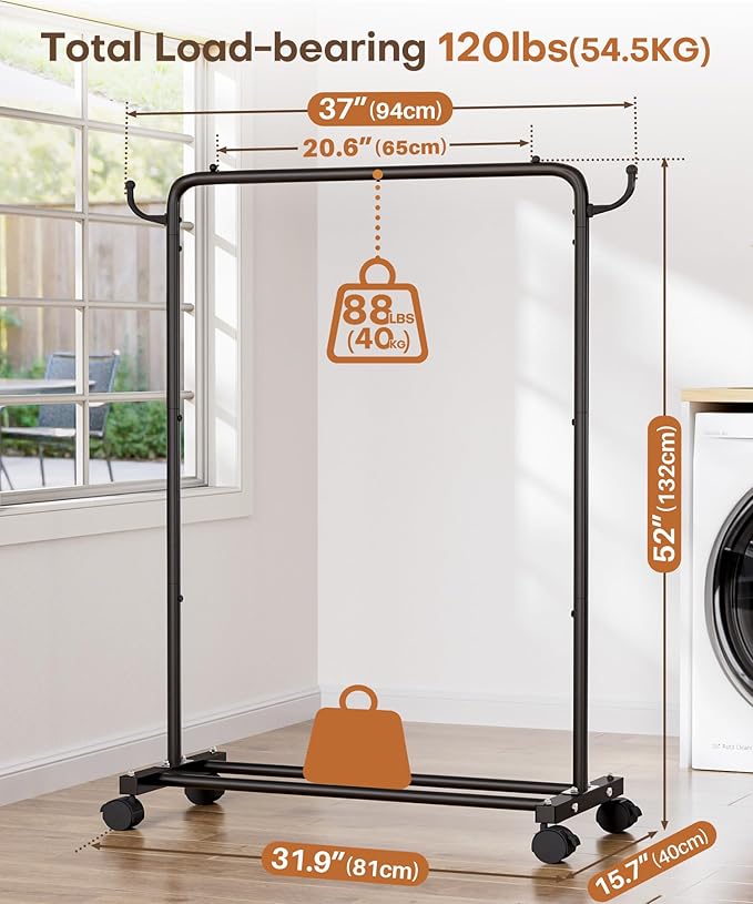 Homde Heavy Duty Clothes Rack: 120lb Standing Garment Storage for Indoor - Rolling Hanging Rod for Bedroom Laundry Room - Coat Dress Organizer on Wheels with luggage shelf (Black,32")