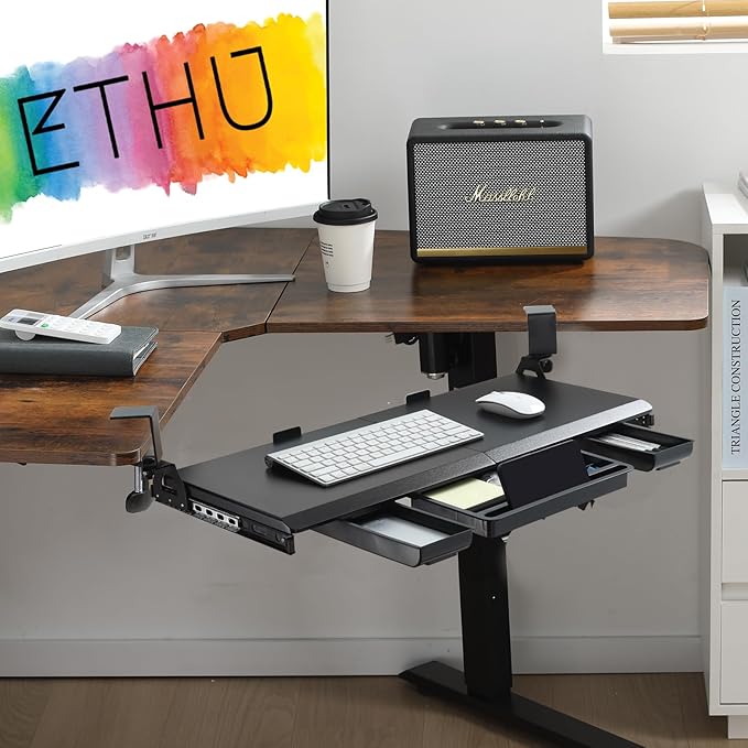 ETHU Keyboard Tray Under Desk, Ergonomic Corner Keyboard Tray with 180° Adjustable C Clamp for L Shape Desk 26.77" X 12.2" Easy to Install, Computer Keyboard Stand for Home and Office(Black)