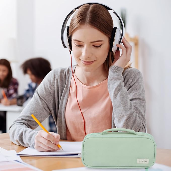 MAMUNU Pencil Case Large Capacity with 3 Compartments, Pencil Case Pouch Bag with Zipper Handle Portable Pen Stationery Organizer for Teen Girls Boys Adults College School Office Travel, Green