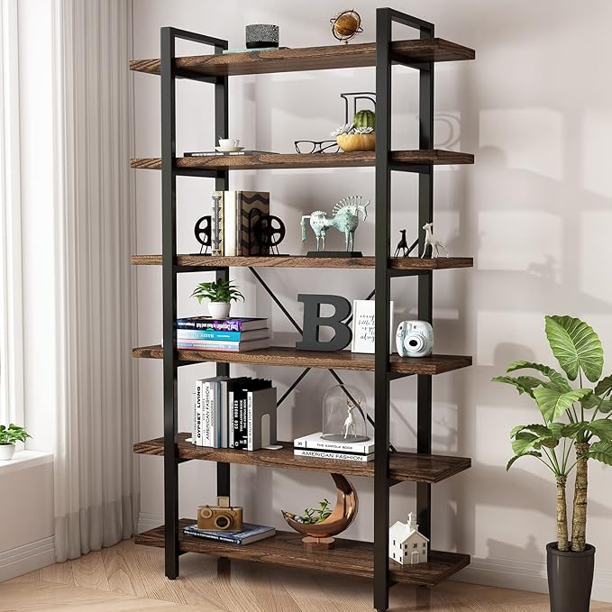 Solid Wood Bookcase and Book Shelves Wood and Metal Shelving Unit 6 Tier Bookshelf Modern Rustic Open Bookshelf Office,Distressed Brown (AY-02-6Tier)