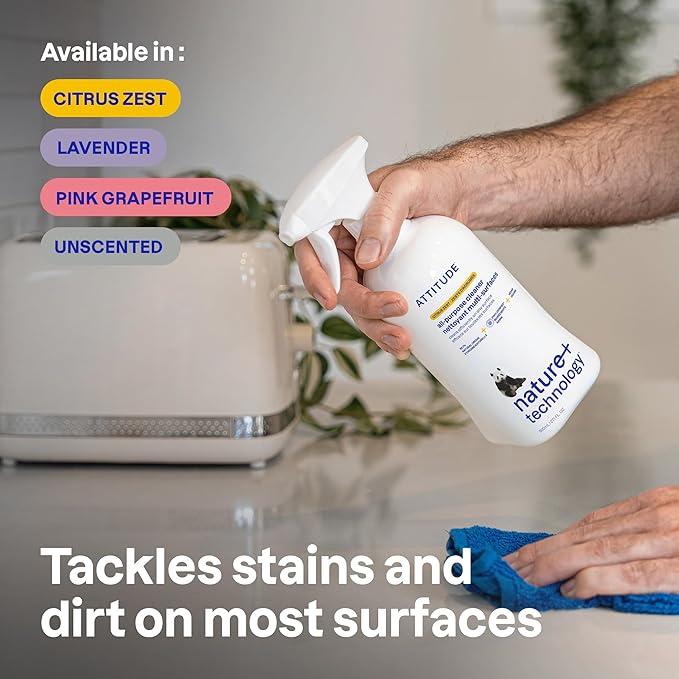 ATTITUDE All Purpose Cleaner Spray, EWG Verified, Vegan, Made with 94% Plant-Based Ingredients, Streak-Free for Kitchen, Bathroom, Glass & More, Unscented, 27.1 Fl Oz