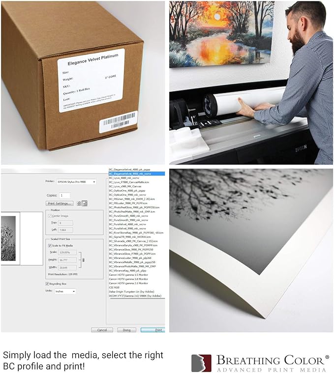 Elegance Velvet 17 in x 10 ft roll is a Premium Matte 310 gsm, Cold Pressed Bright White Museum Grade Fine Art Inkjet Paper, Compatible with Most Dye-Based and Pigment Printers