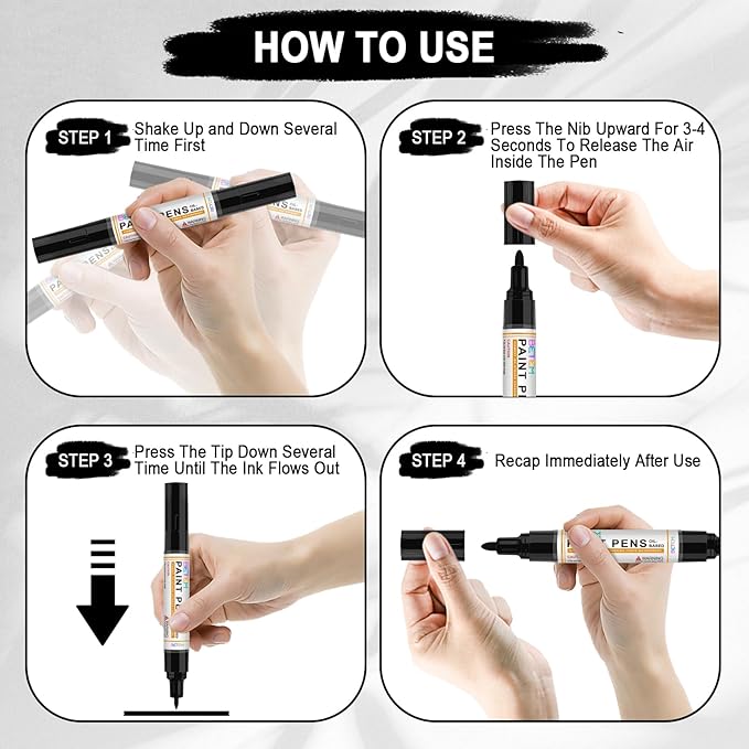 Betem 4 Count Dual Tip Oil Based White Black Paint Markers Pens(0.7mm & 3mm), Permanent Paint Marker, Waterproof, Quick Dry, for Rock Painting, Wood, Plastic, Metal, Canvas(2White 2Black)