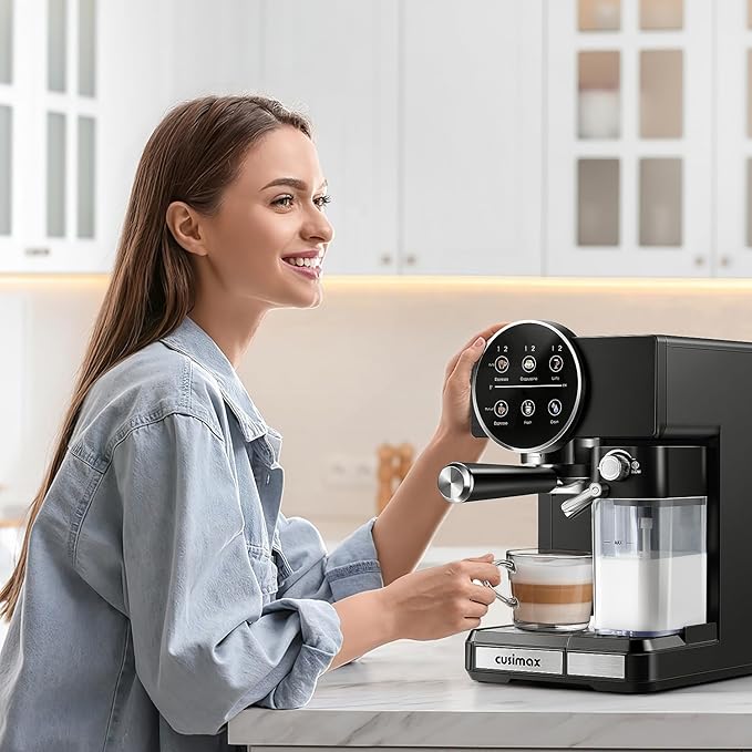 CUSIMAX Expresso Coffee Maker with Milk Frother, Cappuccino Machine Makes Espresso, Cappuccino, and Lattes with One-Touch Ease, and the Manual Mode Makes Creative Coffees with Cleaning Function