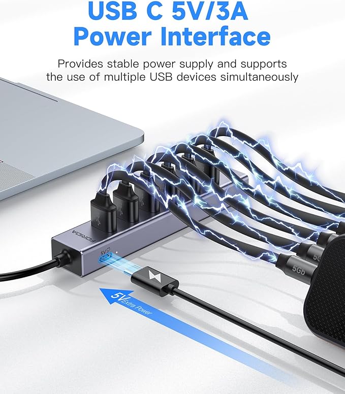 7 Port USB Hub USB Ethernet HUB with 3.9ft Long Cable for Laptop, USB Splitter with Gigabit Ethernet Port and 5V/3A Power Port, MultiPort Aluminum Expander for Laptop, iMac, PC, Flash Drives