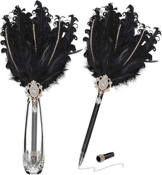 CROWN GUIDE Luxury Feather Quill Pen with Shiny Rhinestones & Curled Goose Feathers- Wedding Guest Book Pen, Great Gatsby/HP Party Supplies, Bridal Shower Gift with Rose Gold Heart Charm (13.8",Black)