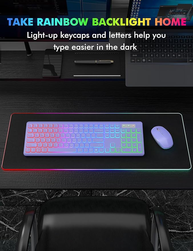 Wireless Keyboard and Mouse Combo, RGB Backlit, Rechargeable & Light Up Letters, Full-Size, Ergonomic Tilt Angle, Sleep Mode, 2.4GHz Quiet Keyboard Mouse for Mac, Windows, Laptop, PC, Trueque(Purple)