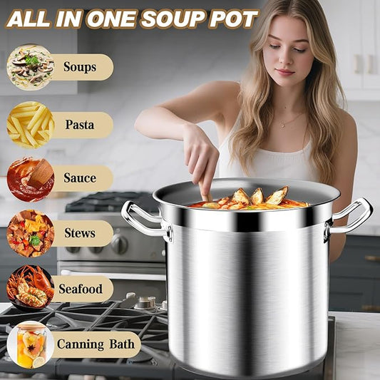 Large Stock Pot - 100QT Stainless Steel Stockpot with Lid, Heavy Duty Tri-Ply Bottom Commercial Grade Soup Pot for Cooking Soup, Stew, Canning, Oven, Gas, Ceramic, Dishwasher Safe