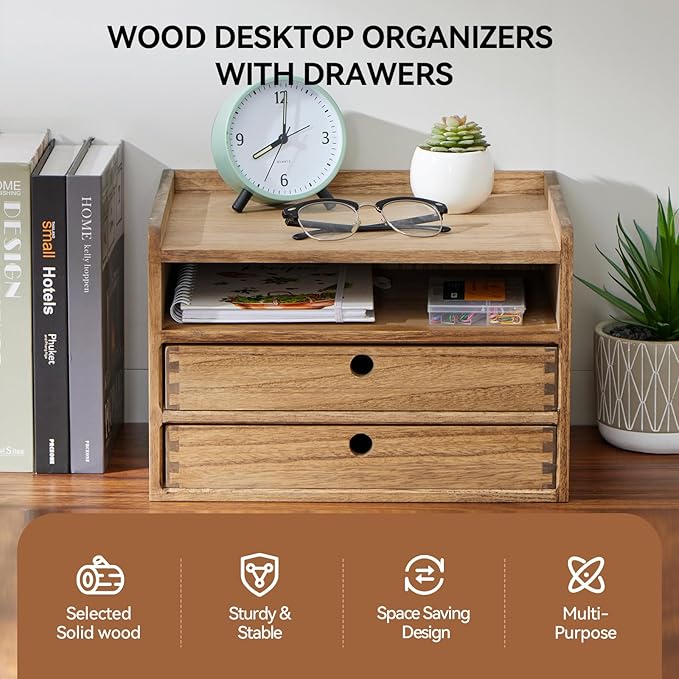 KIRIGEN Desktop Organizer Cabinet With 2 Drawers & Tray - Wood Office Desk Storage Shelf for Office Supplies - Small Cabinet for Countertop Accessories Storage 3 Layer Dark Brown(DT3D2C-DBR)