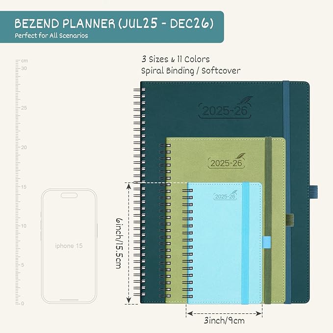 BEZEND Pocket Planner 2025-2026 Weekly and Monthly, 3.5" x 6" Academic Planner (Jul 25-Dec 26) 18-Month Mid-Year Calendar Book, Storage Pocket, Pen Holder, PU Leather Softcover, Spiral - Dark Green