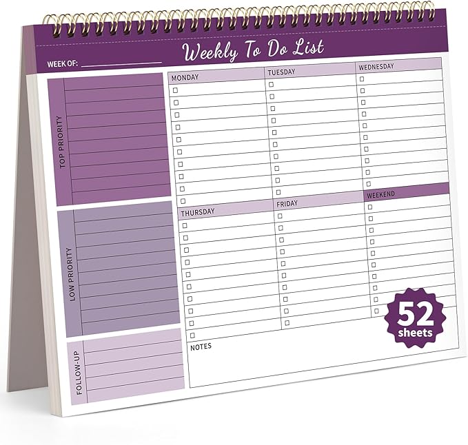 Weekly To Do List Notepad, 52 Undated Sheets (8.5"×11") Duplex-printed Weekly Planner Notepad For Work Home School Office Desk Accessories Supplies & Goal Setting Tasks - Purple
