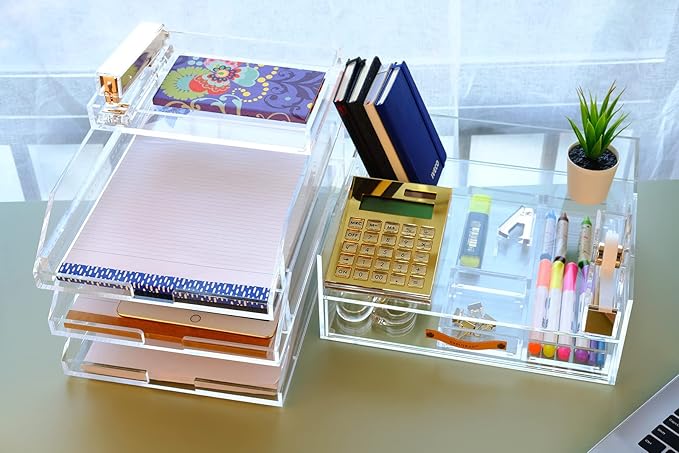 Acrylic Desk Organizer Drawer + Inbox with Letter Tray 12.6” x 10.6” x 5”, A4 Size, Clear