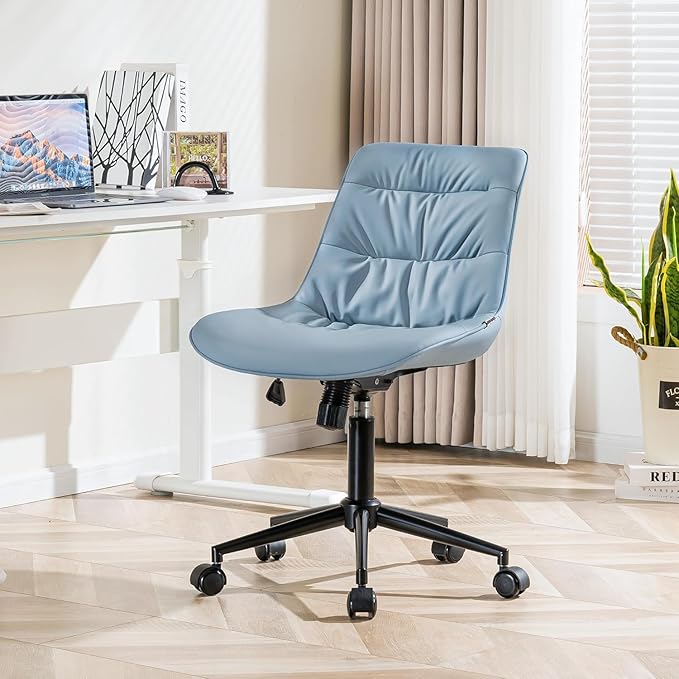Kidol & Shellder Faux Leather Office Chair, Adjustable Swivel Height Task Chair, Rolling Wheels & Soft Backrest - Armless Ergonomic Desk Chair for Home, Office,Vanity,Gaming(Blue)