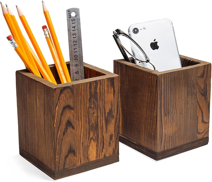 MyGift Set of 2 Natural Grain Wood Desktop Pen Holder Pencil Holder Cup, Office Dorm Home Desk Supplies Organizer