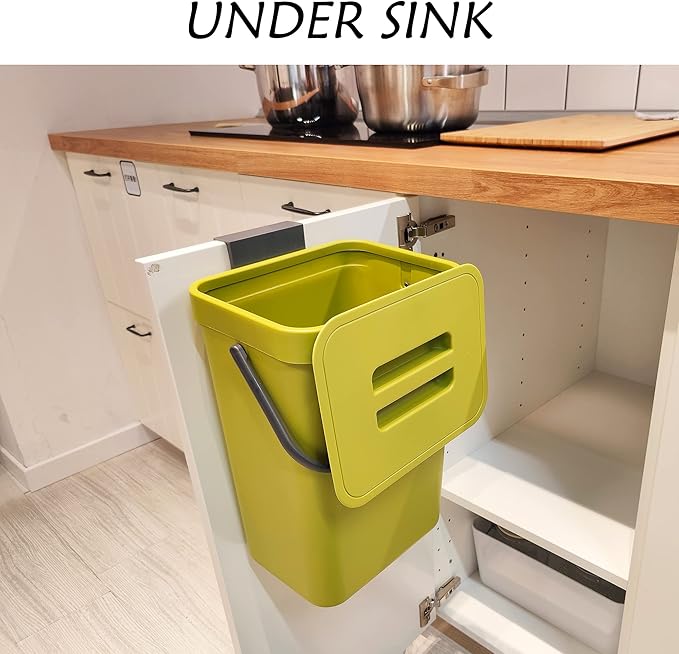stonespace Small Trash Can with Lid,Mountable Indoor Compost Bucket, Hanging Trash Can with Lid for Cupboard/Bathroom/Bedroom/Office/Camping, 3.2 Gallon/12L Green