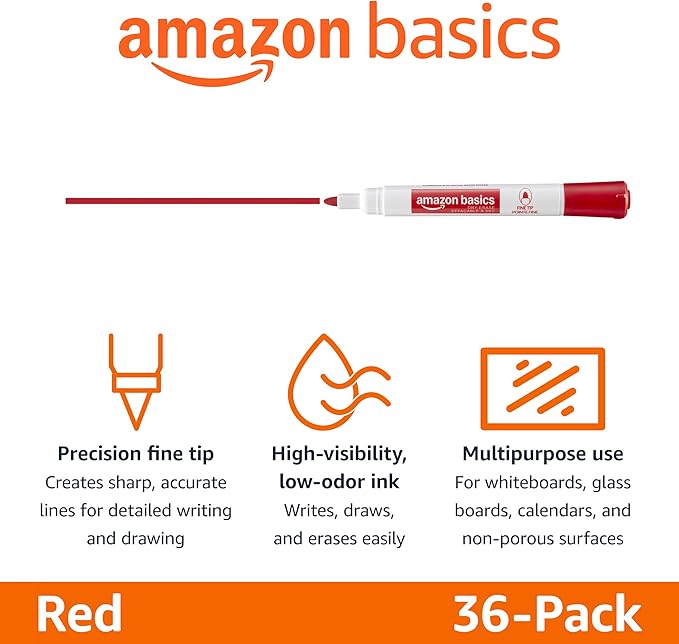 Amazon Basics Low-Odor Dry Erase Whiteboard Markers, Fine Tip, Red, 36 Count