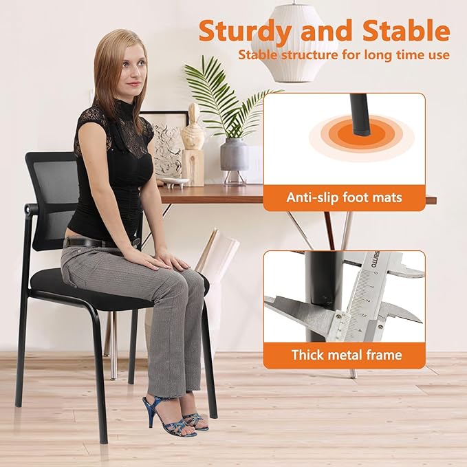 CLATINA Stacking Armless Office Waiting Room Chair with Adjustable Backrest, Stackable Mesh Guest Reception Desk Chairs with Ergonomic Lumbar Support for Conference Lobby Side School, Black, 8 Pack