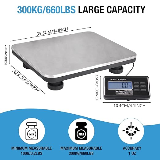 SurmountWay Shipping Scale 660lbs LCD Digital Platform Heavy Duty Portable Stainless Platform for Postal Shipping Scale Industrial Floor Scale W/ 14"X 12"