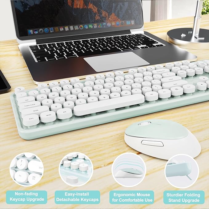 Wireless Keyboard and Mouse Combo, Ergonomic Full Size Typewriter Retro Round Keycaps Keyboard, Compatible with Windows, PC, Perfer for Home and Office Keyboards(Green)