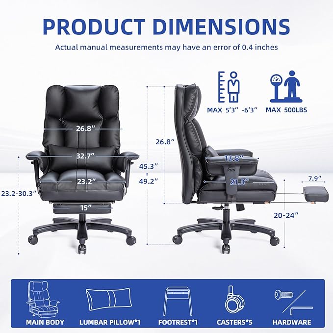 Big and Tall Office Chair 500lbs Wide Seat Executive Office Desk Chair High-Back Office Task Chair with Foot Rest, Ergonomic Lumbar Support Computer Office Chairs for Heavy People(Black)