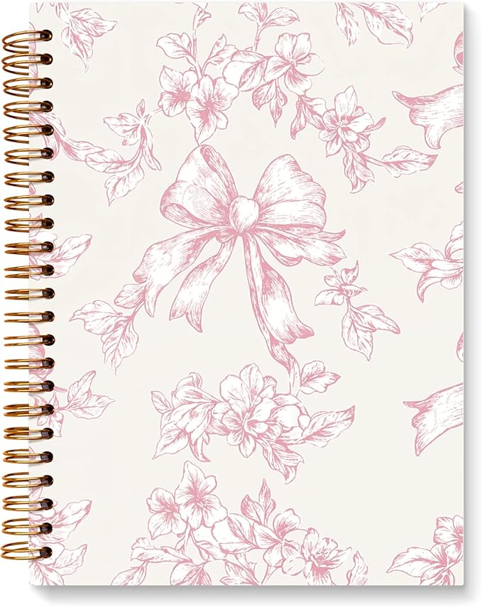 JXREQ Pink Bow Floral Chinoiserie Notebook Journal for Women Note Taking Writing Bible Notes, Coquette Aesthetic Office School Supplies, Girly Spiral Notebooks 5.5x8.3