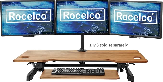 Rocelco 46" Large Height Adjustable Standing Desk Converter - Quick Sit Stand Up Triple Monitor Riser - Gas Spring Computer Workstation - Retractable Keyboard Tray - Teak Wood Grain (R DADRT-46)
