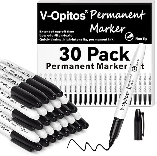 V-Opitos 30 Pack Black Permanent Markers, Bulk Fine Point Waterproof Markers Pens, Durable, Quick-Drying Marker, Ideal Stationery Supplies for Schools, Homes and Offices