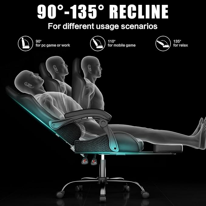 Gaming Chair, Ergonomic Office Computer Chair with Footrest and Lumbar Support Massager Racing Style High Back Video Gamer Chair, Wide&Thick Cushion, 90°-135° Recline, Adjustable Height, Black