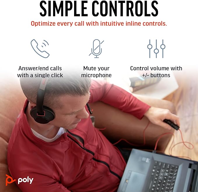 Poly Blackwire 5220 Wired Headset (Plantronics) Flexible Noise-Canceling Boom Mic Ergonomic Design - PC/Mac, Mobile via USB-C, USB-A, 3.5mm - Works w/Teams, Zoom - Amazon Exclusive (9P7X6AA)