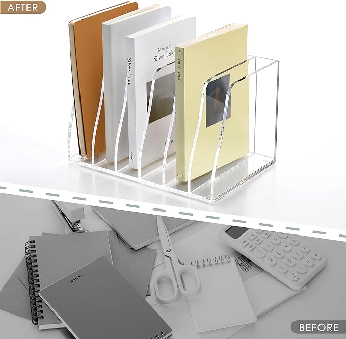 SANRUI Acrylic Magazine File Holder, 6 Vertical Compartments Desk Document Sorter Organizer, Clear Folder Rack Binder Bookstore Workspace Sorters for Office Accessories Organization Storage