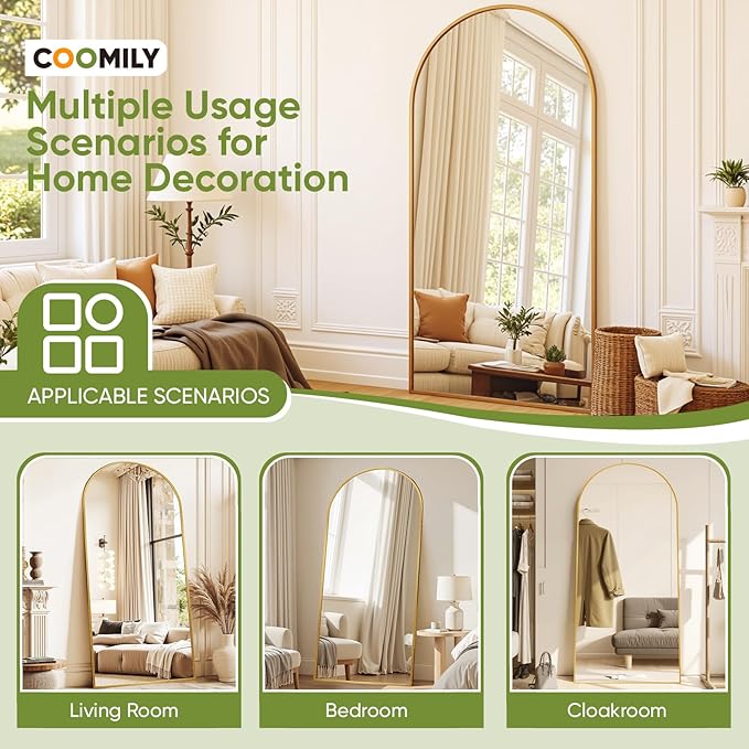 Full-Length Floor Mirror with Stand, 71"x32" Arched Style Full Body Standing Mirror for Bedroom, Living Room, Gym, Dorm - Shatter-Resistant & Easy Assembly, Gold