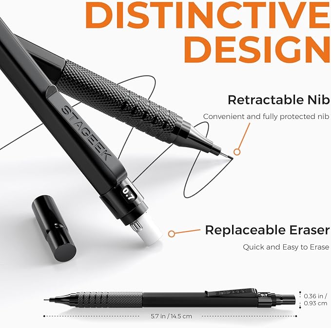 35PCS Black Art Mechanical Pencil Set in Case,0.5 0.7 0.9 2.0 Graphite Metal Drawing Drafting Pencils, Sharpener Erasers 384PCS Lead Refills (6B 4B 2B HB 2H 4H Colors) for Writing Sketching